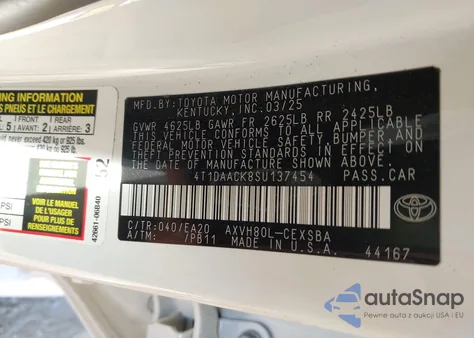 2025 Toyota Camry Se from USA, damaged, VIN 4T1DAACK8SU137454